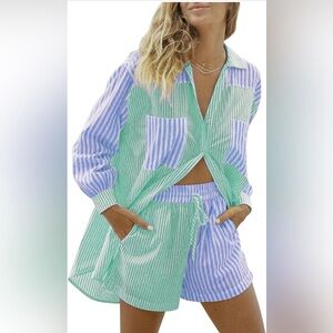 SAFRISIOR Stripe Long Sleeve Shirt And Shorts Set blue & green size Large